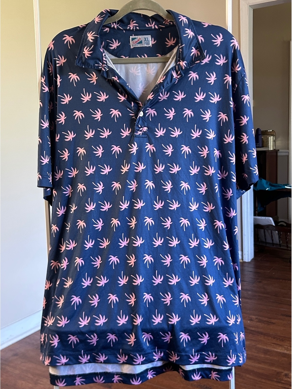 Bermies XL Navy Blue Polo Shirt with Pink Palm Tree Print